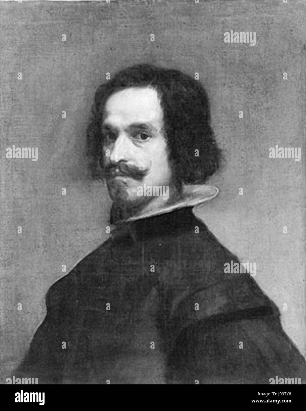 Questo "Retrato de hombre", nello stile di Diego Velázquez, mostra un uomo ritratto in un classico stile barocco. L'uso di luce, ombra e dettagli raffinati riflette l'influenza di Velázquez sulla ritrattistica. Foto Stock
