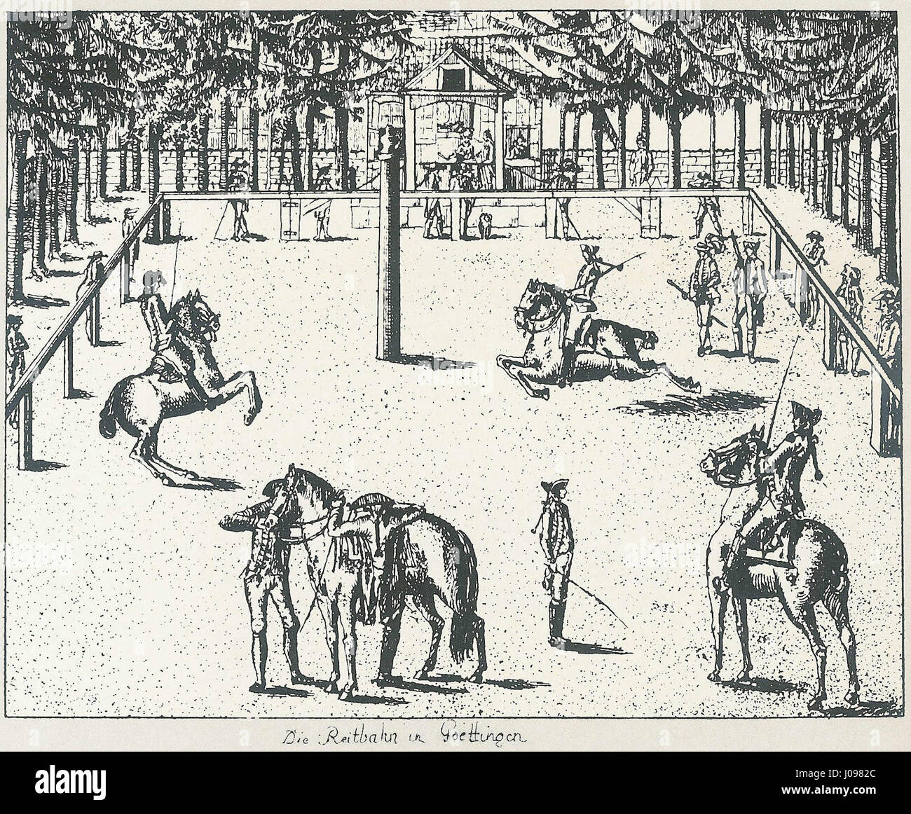 La "Reitbahn in Göttingen" è un dipinto storico che raffigura l'area di equitazione nella città tedesca di Göttingen. Cattura l'importanza culturale dell'equestrismo nella regione durante il XIX secolo. Foto Stock