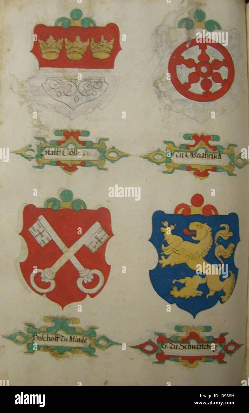 Il "Rœxner Turnierbuch Abschrift 17JH 75" è un manoscritto risalente al XVII secolo. Contiene illustrazioni e descrizioni di tornei medievali, che mostrano le tradizioni cavalleresche dell'epoca. Foto Stock