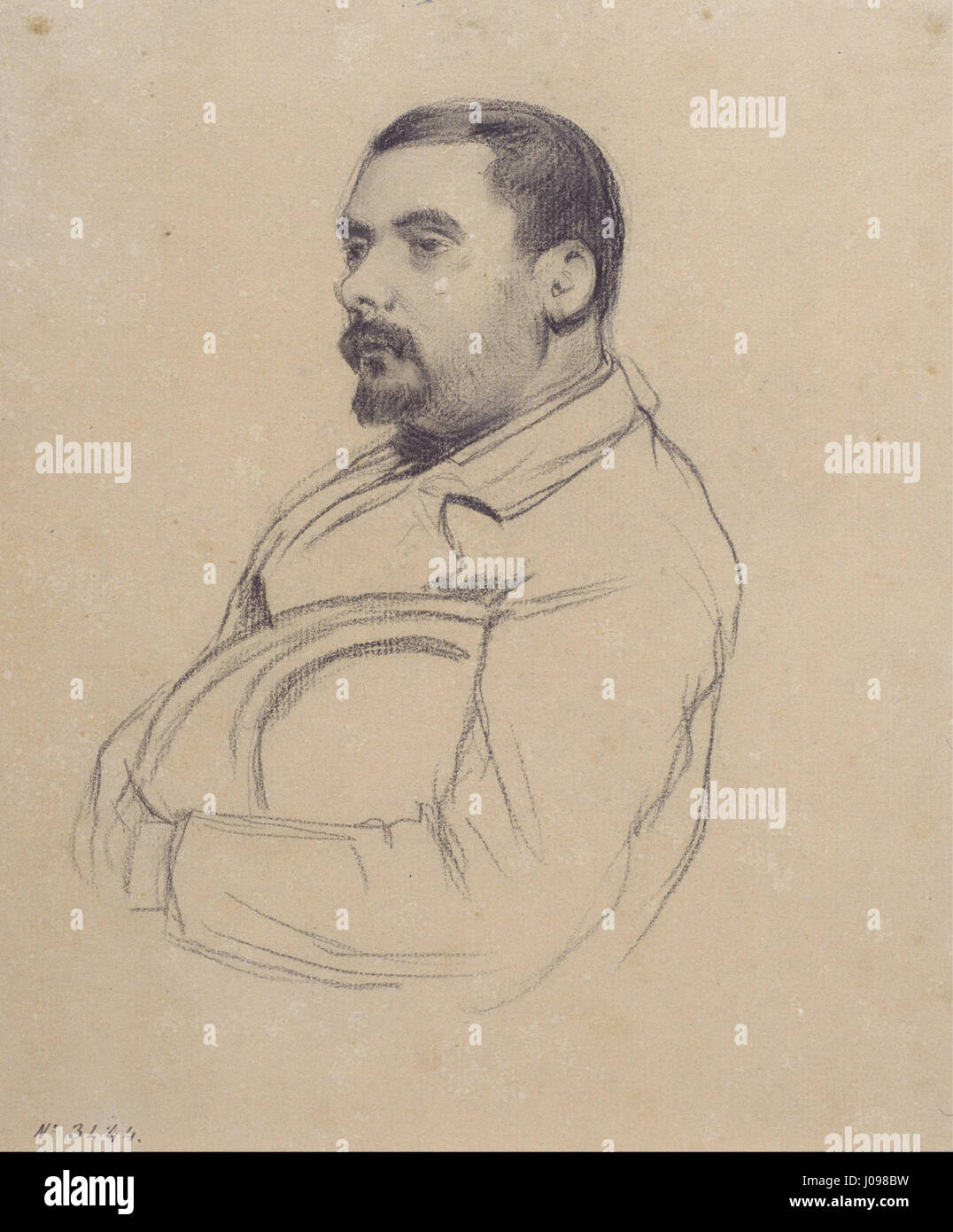 Il "Ritratto di un uomo" di Santiago Rusiñol (1890-1895) è un disegno a forma di carboncino e matita conté che raffigura una figura maschile seduta, mostrando l'abilità di Rusiñol nel catturare il carattere e la forma. Foto Stock