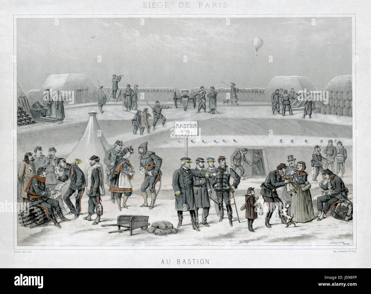La Siège de Paris. Au Bastion' è una rappresentazione dell'assedio francese di Parigi durante la guerra franco-prussiana del 1870-71. L'opera d'arte mostra scene militari, illustrando le fortificazioni di Parigi e le lotte affrontate durante l'assedio. Foto Stock