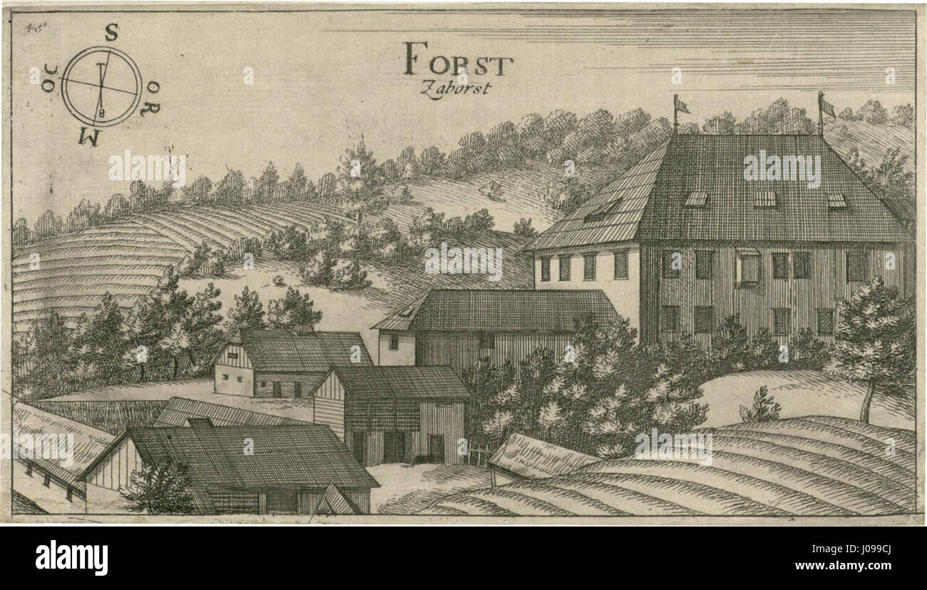 Il "Gradic Zaborst" di Valvasor è un'opera storica che documenta il paesaggio e l'architettura della regione di Zaborst, fornendo descrizioni dettagliate delle sue strutture e del suo significato culturale. Foto Stock