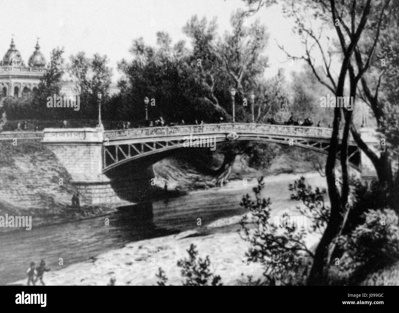 Il Tegetthoffbrücke, un ponte storico di Vienna, fu dipinto nel 1888, catturando la sua eleganza architettonica e il suo ruolo di significativa struttura urbana. Il dipinto mostra la miscela dello sviluppo urbano di Vienna e della bellezza architettonica. Foto Stock