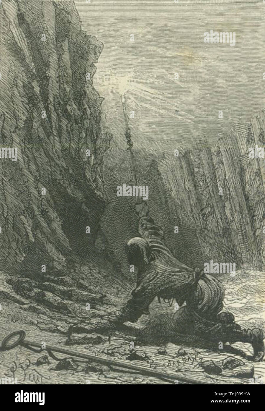 L'illustrazione di Jules Férat per "il bambino della caverna" descrive il momento della scoperta e del mistero, al centro della trama avventurosa del romanzo. L'opera d'arte dà vita all'emozione del romanzo, mostrando elementi di suspense e drammatici. Foto Stock