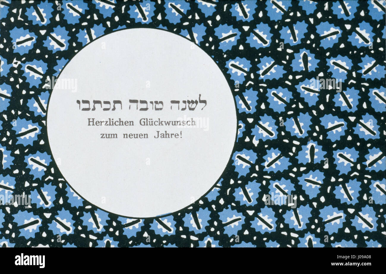 Questo "saluto di Capodanno" del Wiener Werkstätte presenta un design Art Nouveau che cattura l'eleganza e lo stile decorativo tipici dei primi anni del XX secolo. Il pezzo simboleggia l'ottimismo e il rinnovamento associati al nuovo anno. Foto Stock