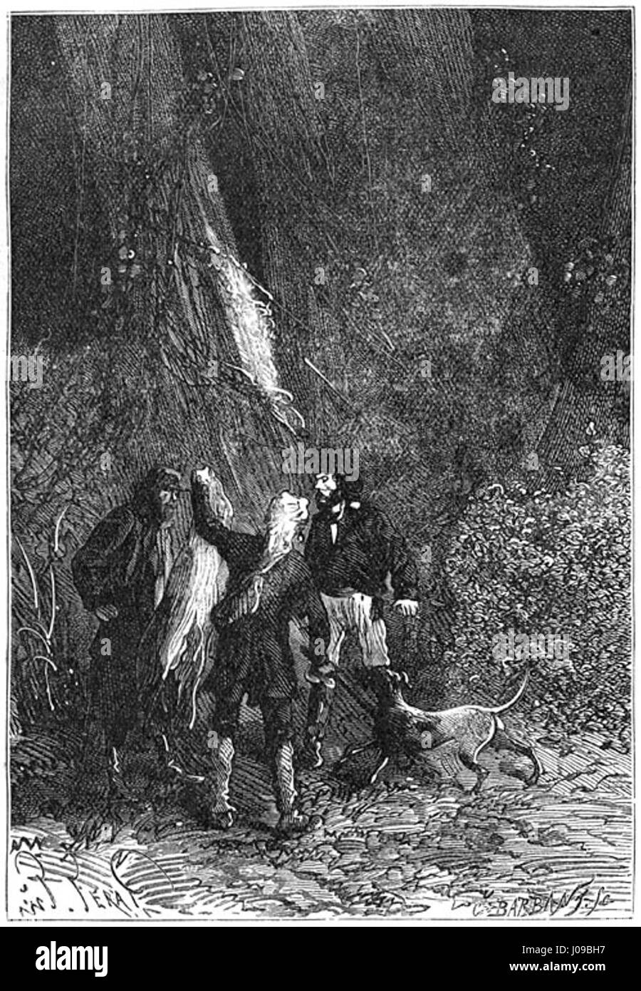 “The Mysterious Island” di Jules Férat è un’illustrazione drammatica ispirata al romanzo di Jules Verne. L'opera d'arte cattura l'atmosfera avventurosa e misteriosa della storia, caratterizzata da un paesaggio dinamico e personaggi intriganti in un ambiente esotico. Foto Stock