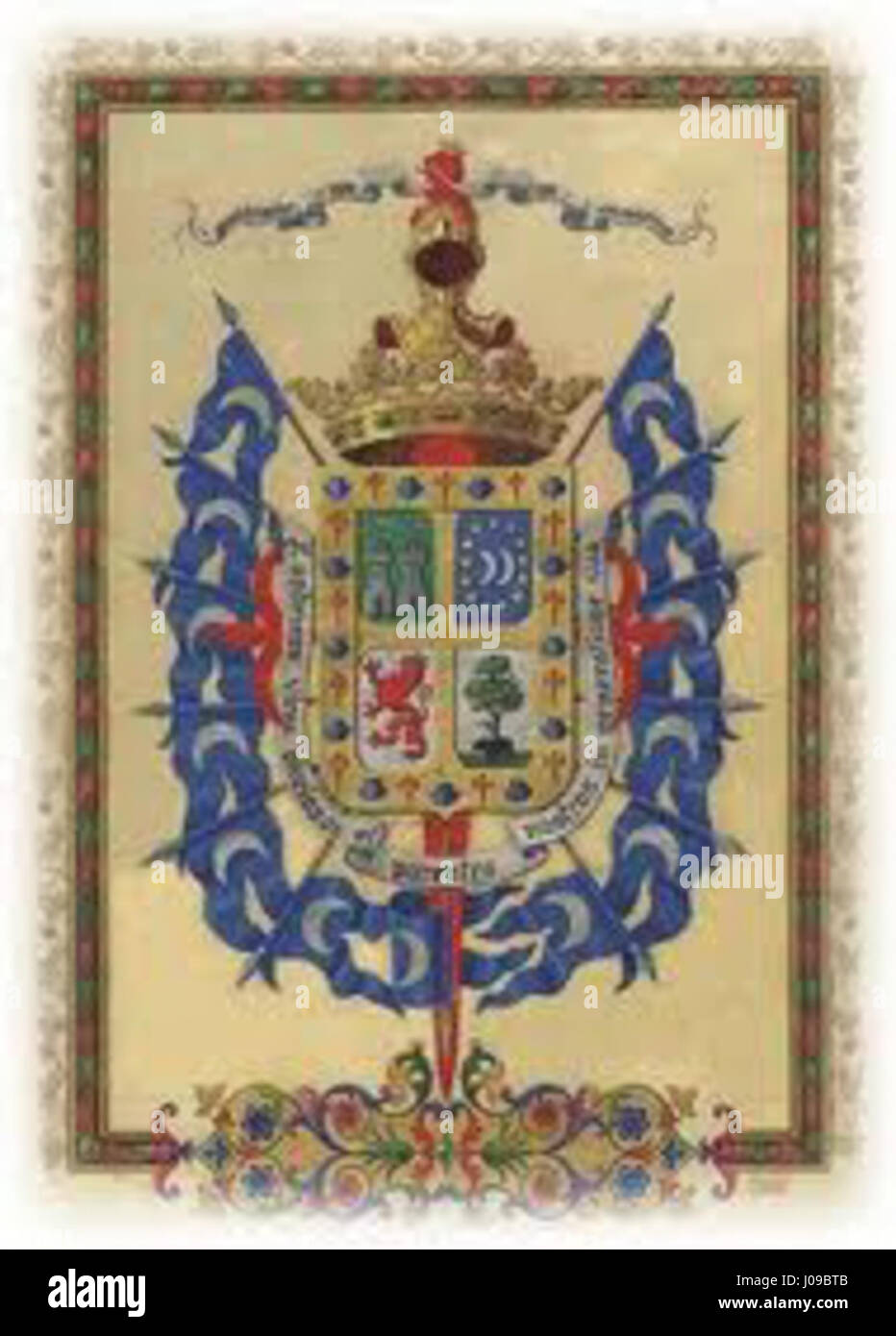 L'Armas Señorío de Tejada si riferisce allo stemma del Señorío del Solar de Tejada, un titolo storico della nobiltà spagnola concesso nel 844 da re Ramiro i delle Asturie e León a Sancho Fernández de Tejada per il suo ruolo nella leggendaria battaglia di Clavijo. Le braccia sono tipicamente caratterizzate da tre bastoncini azzurri su un campo d'argento, che simboleggiano l'eredità e il significato militare della famiglia. Foto Stock