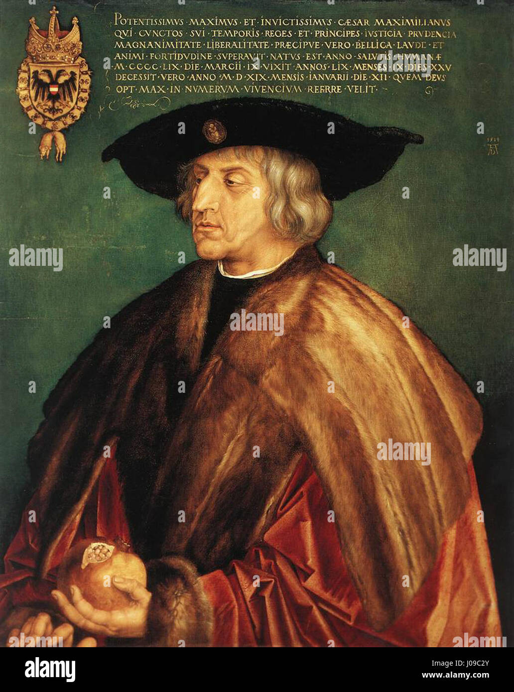 L'opera incisa in legno di Albrecht Dürer "Imperatore Massimiliano i" mostra l'Imperatore del Sacro Romano Impero in un ritratto dettagliato, dimostrando l'abilità di Dürer nel catturare sia la dignità reale che i dettagli raffinati nelle sue opere del XVI secolo. Foto Stock