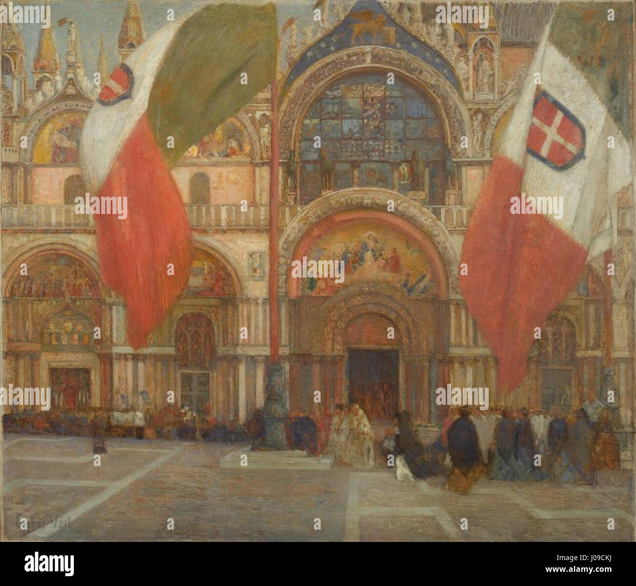 «Jour de Fête … Venise' di Eugene Lawrence Vail raffigura una giornata di festa a Venezia, catturando l'atmosfera vivace delle strade della città. La scena mette in risalto il fascino della cultura veneziana con colori vivaci e figure vestite con abiti tradizionali veneziani. Foto Stock