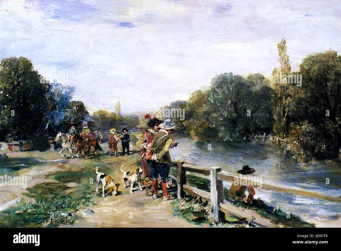 "Un alto en la montería" di Francisco Domingo Marques (Un riposo nella zona di caccia) raffigura una scena di caccia in un paesaggio naturale. Il dipinto cattura la quiete del momento e la connessione tra uomo e natura nella Spagna dei primi anni del XX secolo. Foto Stock