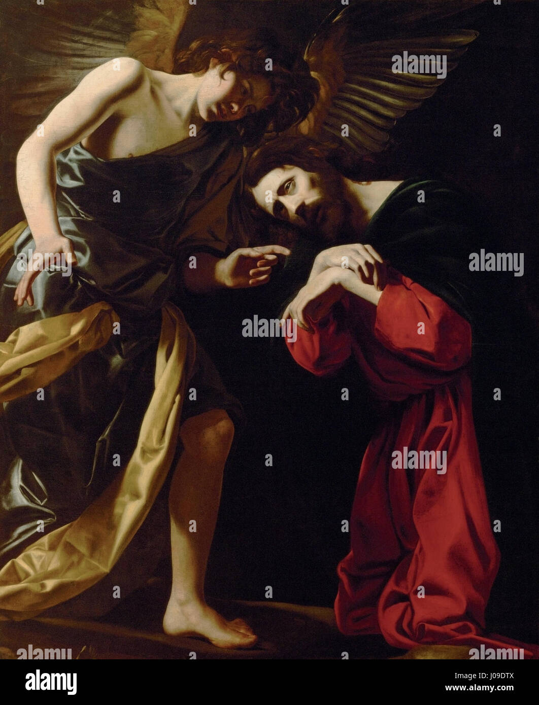 Questo dipinto di Giovanni Battista Caracciolo, noto anche come Battistello, raffigura la lotta emotiva di Cristo sul Monte degli Ulivi, catturando il momento della paura di Cristo per la sua imminente morte. La composizione riflette un'intensa emozione religiosa. Foto Stock