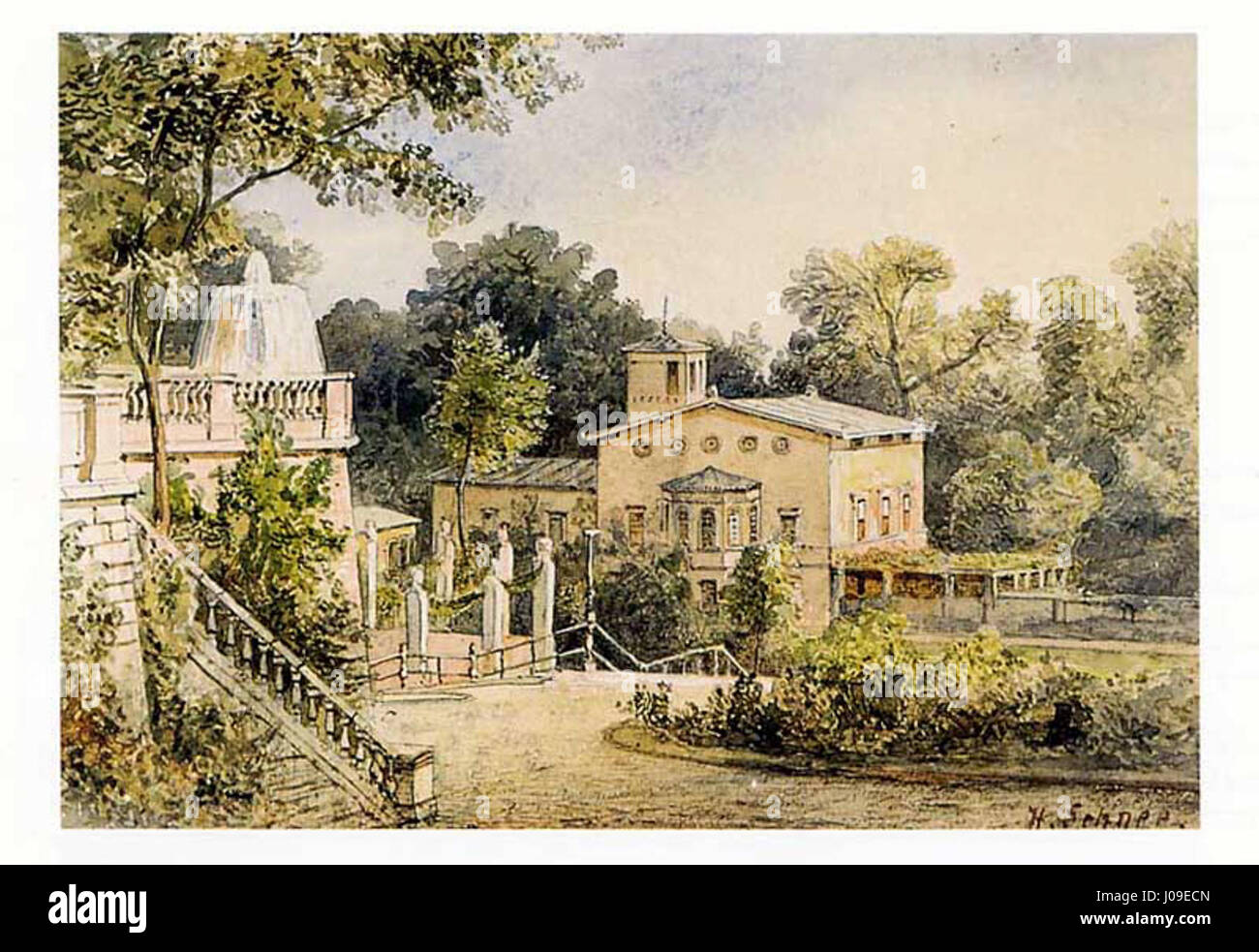 Hofgärtnerhaus Sello è un edificio storico situato nel Parco Sanssouci, Potsdam, Germania. E' stato originariamente progettato come residenza per il sovrintendente del giardino ed e' un eccellente esempio di architettura del XVIII secolo. L'edificio fa parte del complesso del Palazzo Sanssouci, che è un sito patrimonio dell'umanità dell'UNESCO. Foto Stock