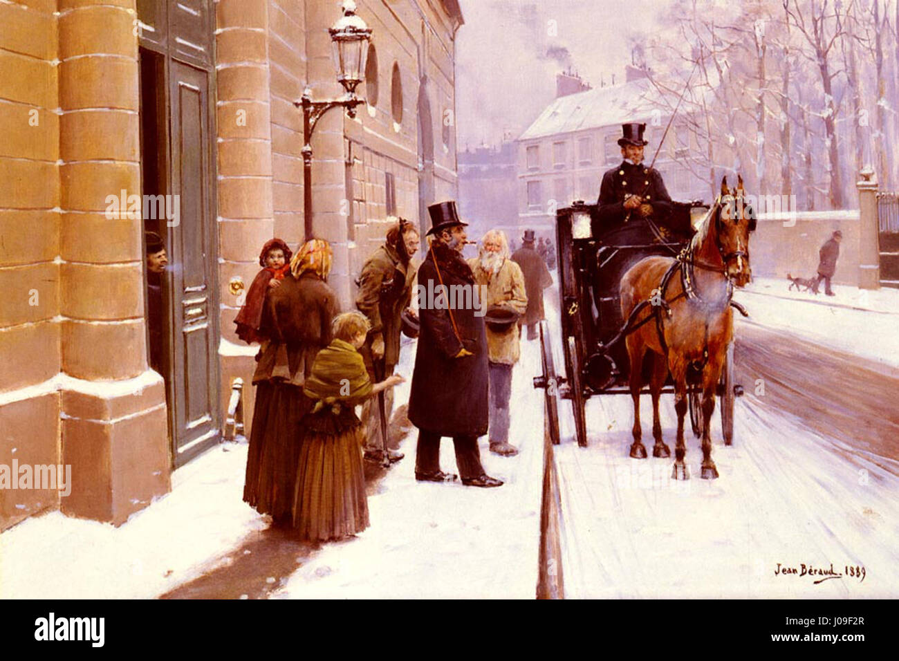 *La Sortie Du Bourgeois* di Jean Béraud raffigura una scena di un uomo borghese che lascia la sua casa nella Parigi del XIX secolo. Il dipinto cattura l'eleganza e la vita quotidiana del periodo, evidenziando la moda borghese e l'ambiente urbano della società parigina. Foto Stock