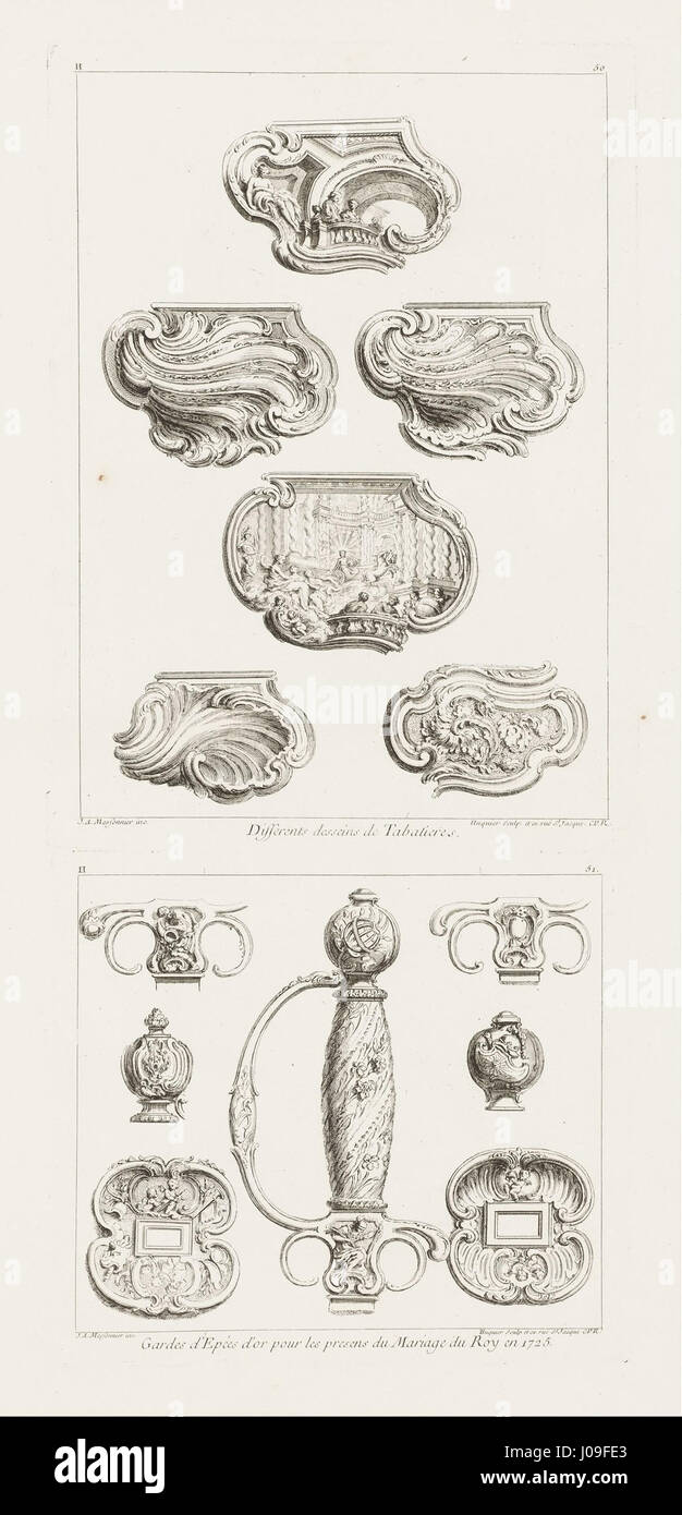 Juste-Aurèle Meissonnier - Differenti Desseins de Tabatières, deuxième planche (diversi disegni per scatole di tabacco da fiuto, seconda piastra... - Foto Stock