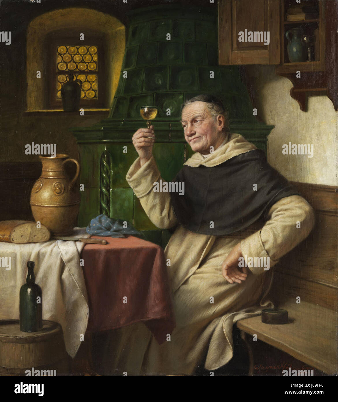 Il "Münch bei der Weinprobe" di Josef Wagner-Höhenberg raffigura una scena di degustazione di vini, mettendo in evidenza la cultura sociale della Germania del XIX secolo e l'attenzione ai dettagli nella rappresentazione delle figure e del loro ambiente. Foto Stock