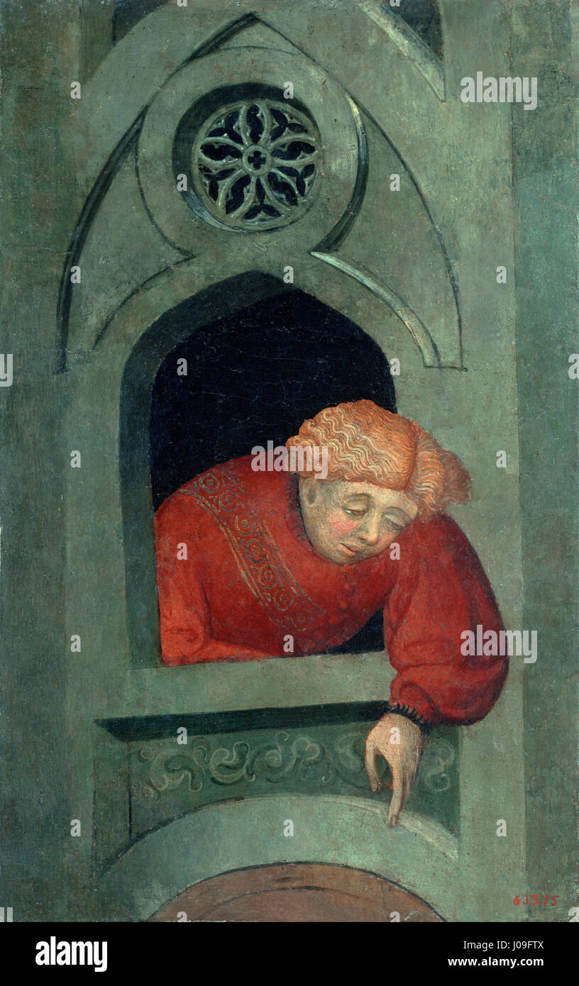 Il «giovane uomo che sporge dalla finestra» di Lluís Borrassé ritrae una figura giovanile in un momento di riflessione. Il dipinto cattura la natura contemplativa del soggetto e l'interazione di luce e ombra. Foto Stock