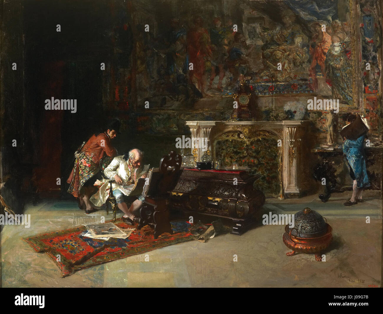 "The Print Collector" di Marià Fortuny è una rappresentazione di un uomo impegnato nell'arte della raccolta di stampe, che mostra l'abilità di Fortuny nel catturare il realismo e l'attenzione ai dettagli nell'arte spagnola del XIX secolo. Foto Stock