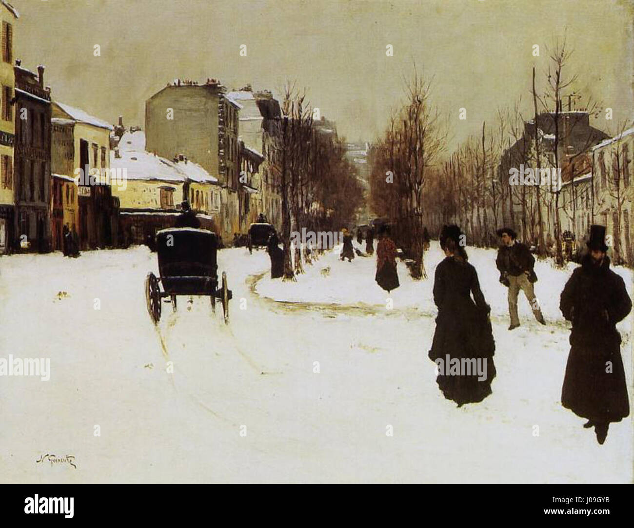 Questo dipinto di Norbert Goneutte, intitolato "le Boulevard de Clichy par temps de neige", cattura un viale parigino innevato. L'opera d'arte ritrae una serena scena invernale con persone e lampioni, sottolineando la tranquilla bellezza della città sotto una coperta di neve. Foto Stock