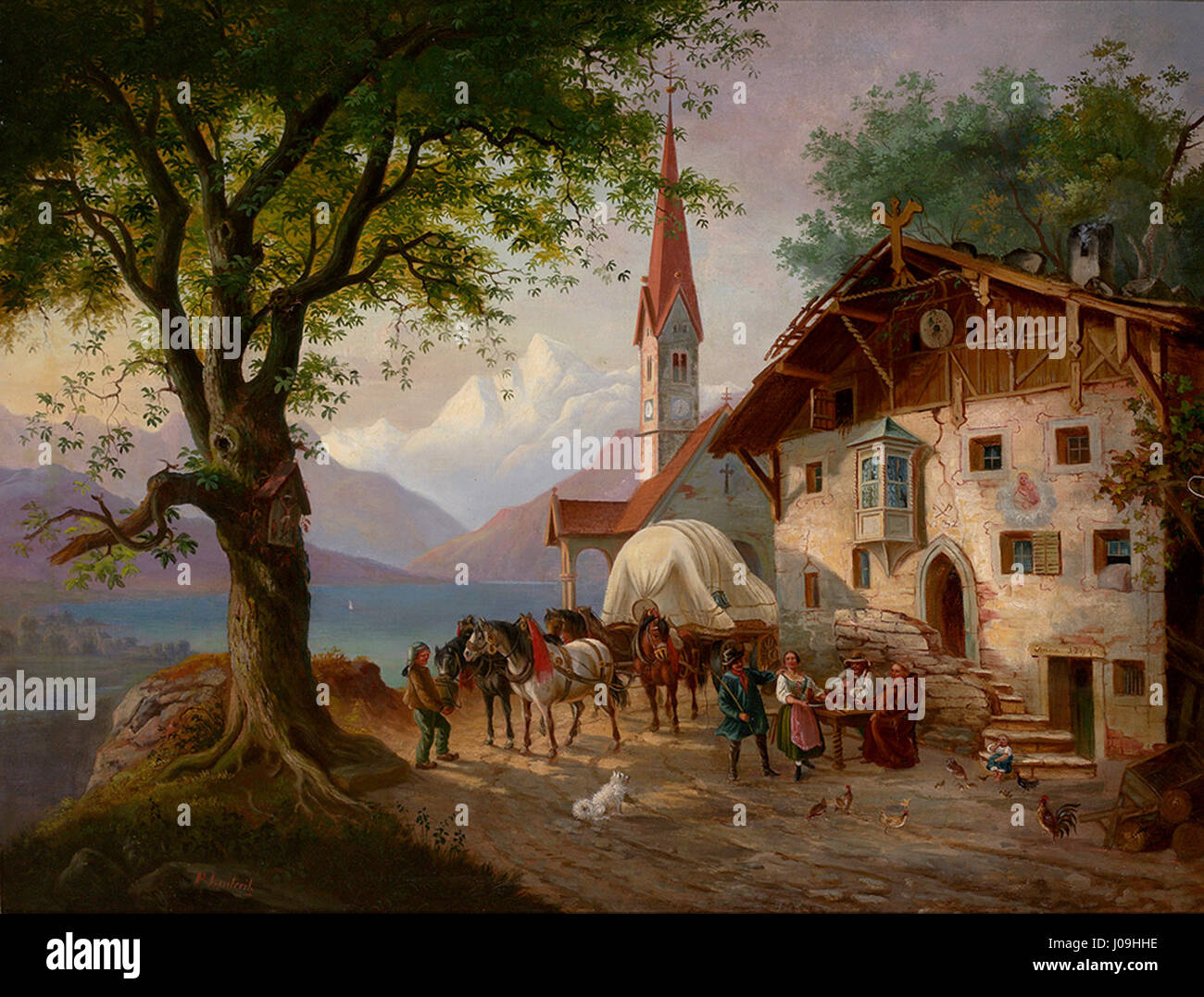 "Vierspänniges Fuhrwerk vor Gasthaus" di Paul Leuteritz raffigura una carrozza a quattro cavalli di fronte a una locanda, catturando il trasporto rurale e la vita sociale dell'Europa del XIX secolo. Foto Stock