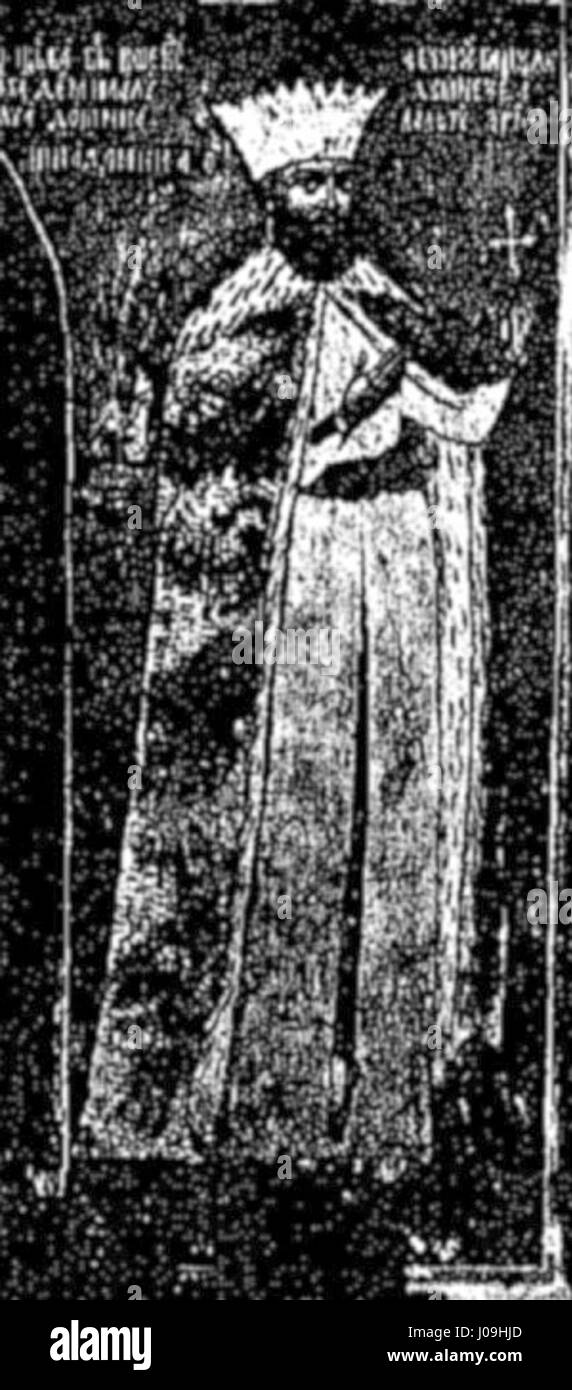 Questo dipinto storico ritrae Radu Şerban, un voivoda valacchino (principe), raffigurato nel monastero di Horezu. L'opera d'arte mette in risalto l'abbigliamento regionale e il simbolismo dell'epoca, offrendo una rappresentazione visiva della nobiltà rumena del XVI secolo e della cultura religiosa. Foto Stock