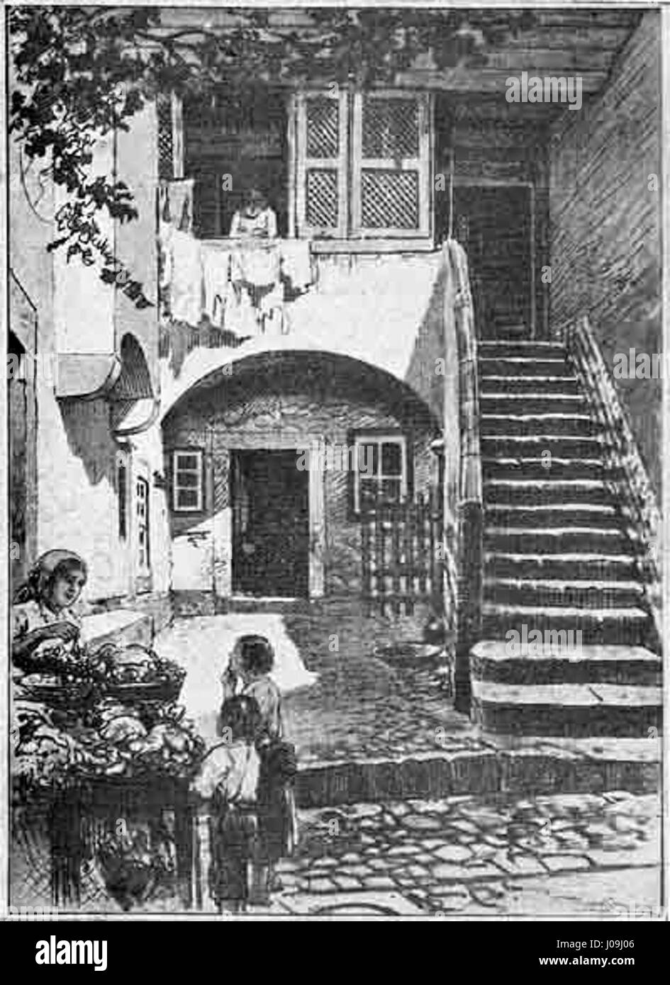 Il lavoro di Roque Gameiro di *Lisboa Velha* (Lisbona vecchia) cattura una casa tradizionale su Rua de Castelo Picão. Il dipinto presenta l'architettura rustica del quartiere storico di Lisbona, con attenzione alle sue texture e alla vivacità della vita urbana nei quartieri più vecchi della città. Foto Stock