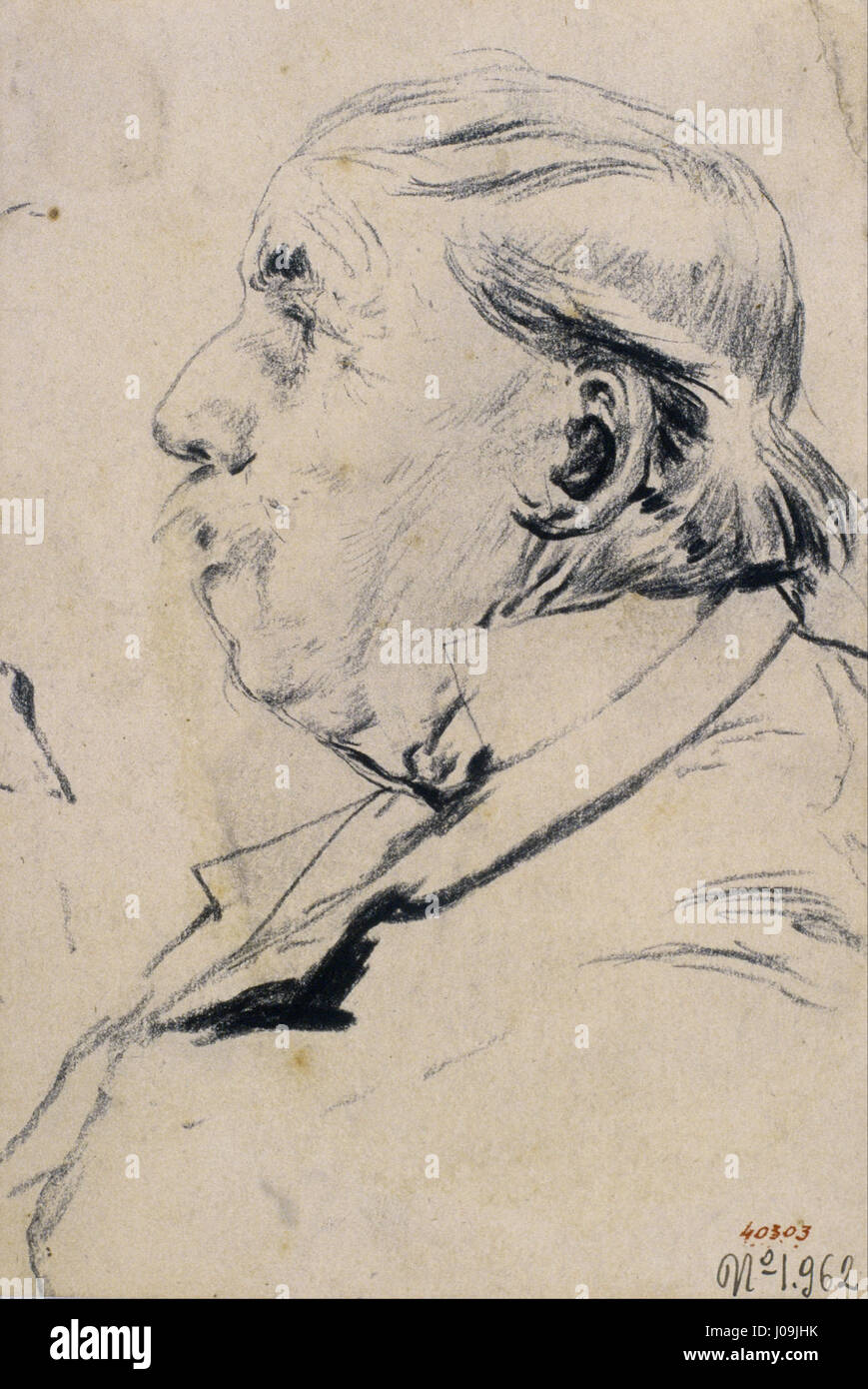 Questo dipinto, 'testa di un vecchio' di Santiago Rusiñol, cattura le caratteristiche espressive e la malinconia di un soggetto anziano. Lo stile distintivo di Rusiñol evidenzia la condizione e l'età umana nella sua ritrattistica, tipica del suo lavoro tra la fine del XIX e l'inizio del XX secolo. Foto Stock