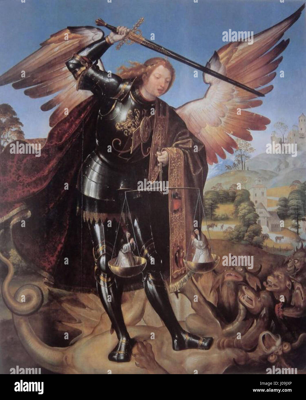 "Santo Miguel Arcanjo" di Garcia Fernandes (attribuito) è un dipinto religioso raffigurante San Michele, un arcangelo, ritratto con iconografia tradizionale. L'opera d'arte è nota per i suoi colori vivaci e l'esecuzione dettagliata in stile tardo gotico. Foto Stock