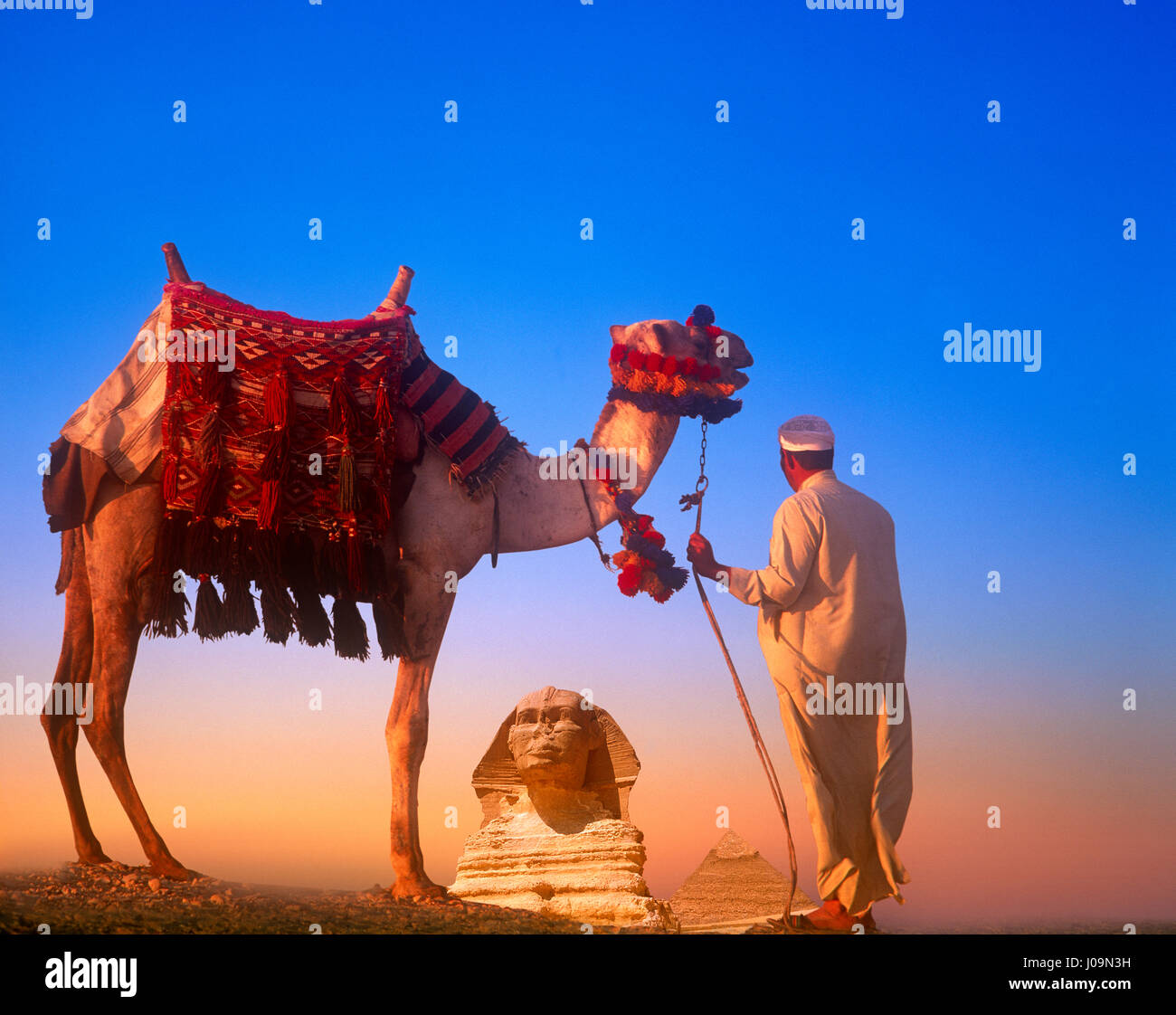 Il cammello e il driver con la sfinge e la piramide di Chephren in distanza, Giza, Cairo, Egitto. Foto Stock