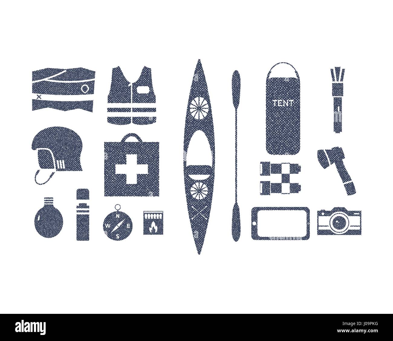 Il kayak e all'aperto campeggio Attrezzature avventura rétro in stile ruvida. Ingranaggio Kayak isolato su bianco. Utilizzare per infographics, come le icone sul sito web, t-shirt stampe grafiche. Vettore Illustrazione Vettoriale