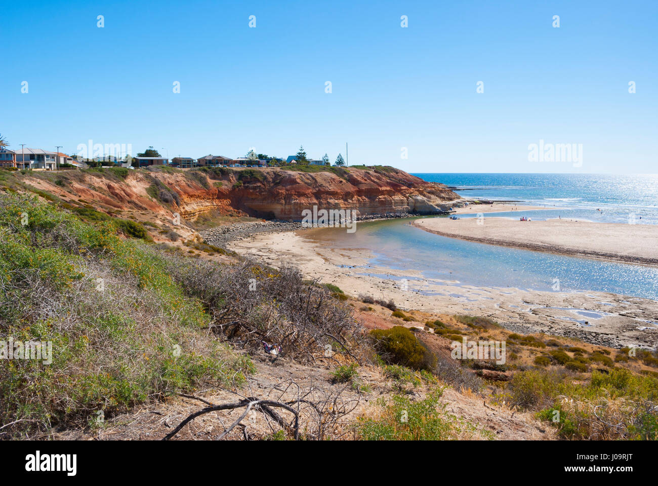 Southport Beach, dove l'Adelaide periferia di Port Noarlunga e Port Noarlunga periferia sud si incontrano, divisi dal fiume Onkaparinga estuario. Foto Stock