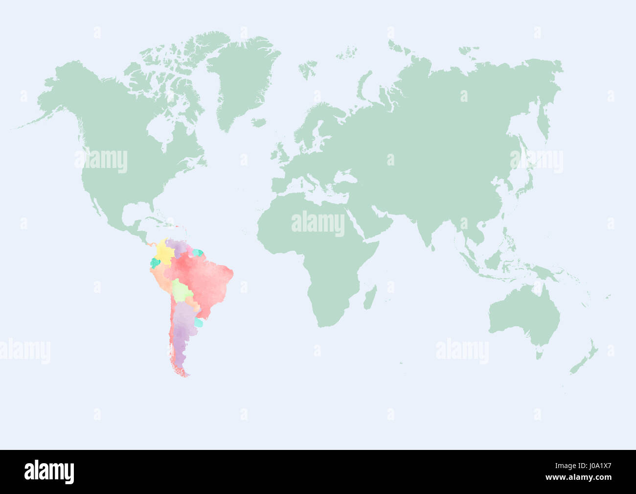 Mappa del mondo con il Sud America paesi in effetto acquerello. Foto Stock