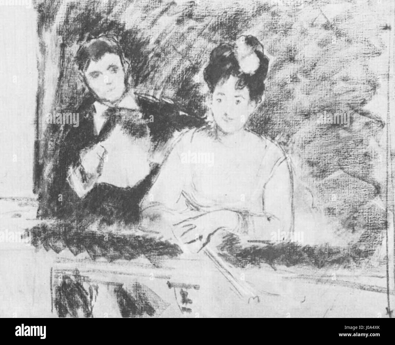 "Eva Gonzalès et Leon Leenhoff dans la Loge aux Théâtre Italiens" di Édouard Manet cattura un momento a teatro, concentrandosi sull'impegno dei soggetti nello spettacolo. L’uso della luce e della composizione esemplifica l’approccio innovativo di Manet alla vita moderna e alle interazioni sociali. Foto Stock