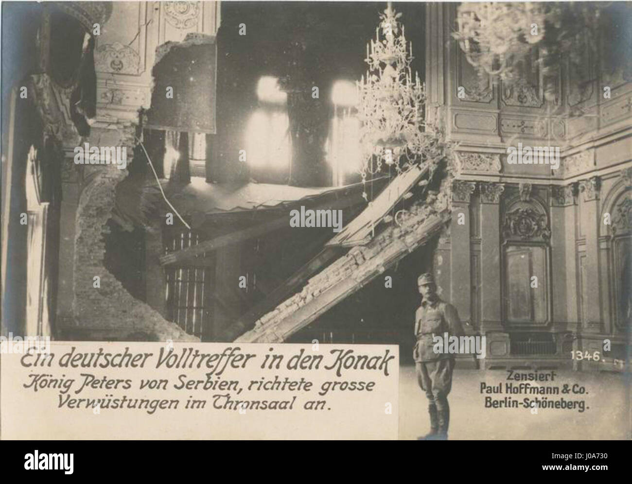 Ein deutscher Volltreffer in den Konak König Peters von Serbien Foto Stock