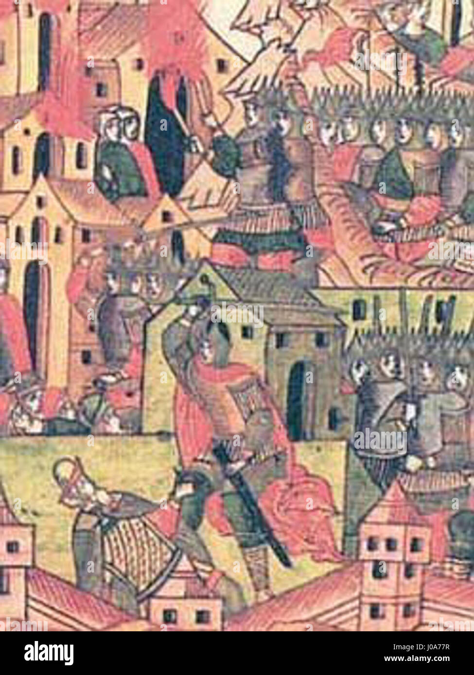 La "cattura della città russa mongolo-tatari" è una scena storica che raffigura il momento in cui una città russa è stata sottratta al controllo mongolo-tataro. L'opera d'arte mette in evidenza le strategie militari e gli eventi storici chiave delle invasioni mongole e della resistenza russa. Foto Stock