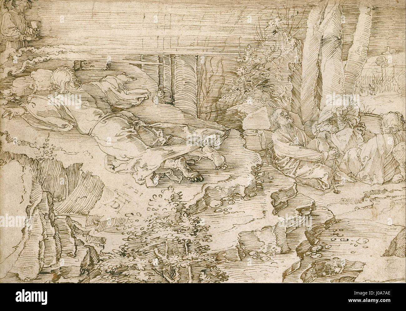 "Agonia nel giardino" di Albrecht Dürer raffigura il momento biblico di Gesù che prega nel giardino del Getsemani. La xilografia, creata nel 1505, cattura l'intensità emotiva della sofferenza di Cristo, prefigurando la sua crocifissione, e mostra l'abilità di Dürer nell'incisione e nella composizione. Foto Stock