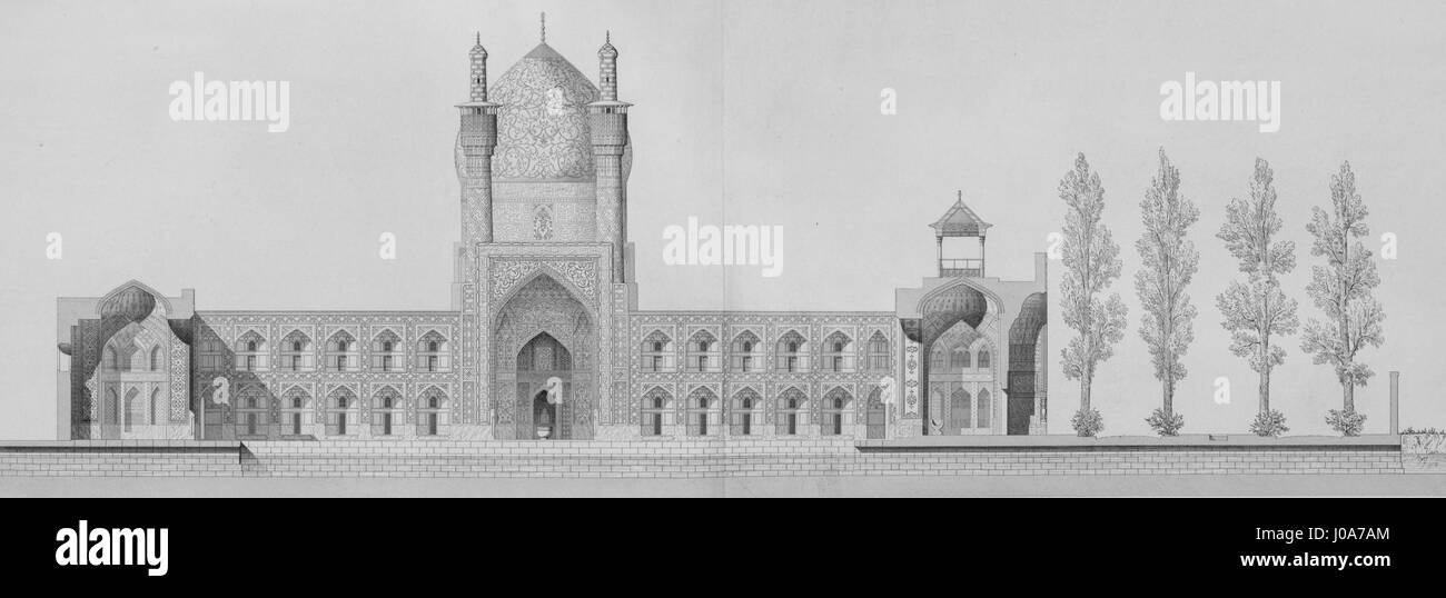 "College of Mother of Shah Sultan Hussein, Cup 1" è un disegno architettonico di Pascal coste, che illustra il design di un edificio associato a Shah Sultan Hussein. Il disegno mostra l'approccio dettagliato di coste alla rappresentazione architettonica. Foto Stock