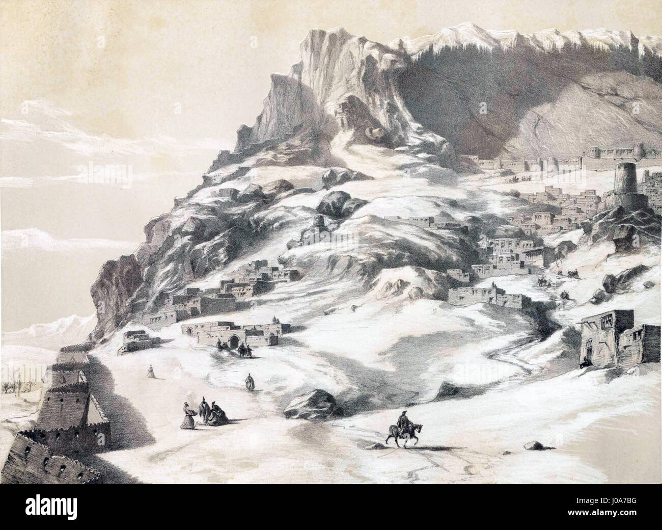 Il dipinto di Eugène Flandin sulla città di confine di Makou in Armenia mette in mostra le caratteristiche architettoniche e culturali della regione. Il pezzo riflette il carattere unico della città armena durante la metà del XIX secolo, catturando sia elementi urbani che naturali. Foto Stock