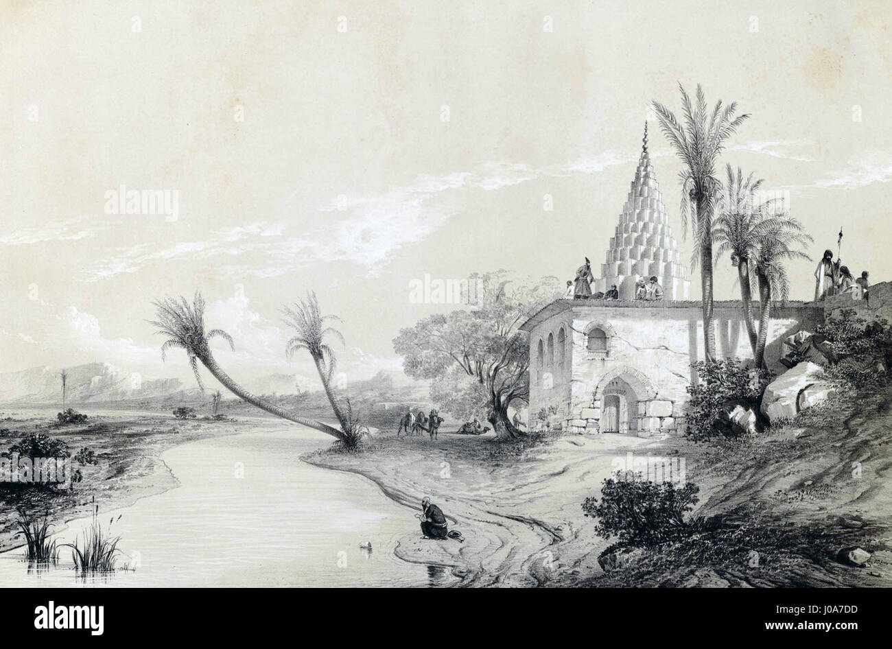 *Tomba di Daniele* di Eugène Flandin raffigura la famosa tomba del profeta biblico Daniele, situata a Susa, Persia (l'attuale Iran). La rappresentazione dettagliata di Flandin mostra le caratteristiche architettoniche della tomba, con le rovine circostanti e il paesaggio dell'antica città. Il dipinto riflette l'interesse archeologico del XIX secolo e contribuisce alla documentazione storica della regione. Foto Stock