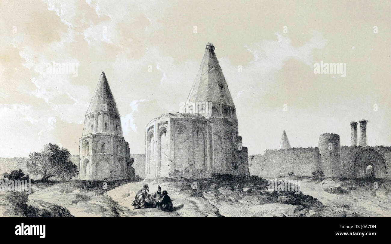 *Tombe a Qum* di Eugène Flandin è un dipinto ad acquerello del XIX secolo che raffigura le antiche tombe di Qum, situate nell'Iran moderno. La scena cattura le caratteristiche architettoniche delle tombe e del paesaggio circostante, dando uno sguardo al significato storico e culturale del sito. Foto Stock