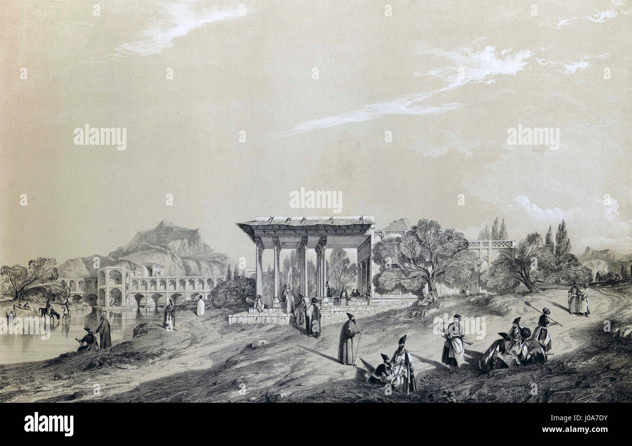 «Kiosk Mirrors House1» di Eugène Flandin è un dipinto che raffigura una casa con una caratteristica architettonica prominente: Specchi nel chiosco. La grafica evidenzia le superfici riflettenti e il modo in cui interagiscono con l'ambiente circostante. La dettagliata pennellatura di Flandin e l’attenzione alla luce e alla riflessione sottolineano il rapporto dinamico tra architettura e natura. Foto Stock