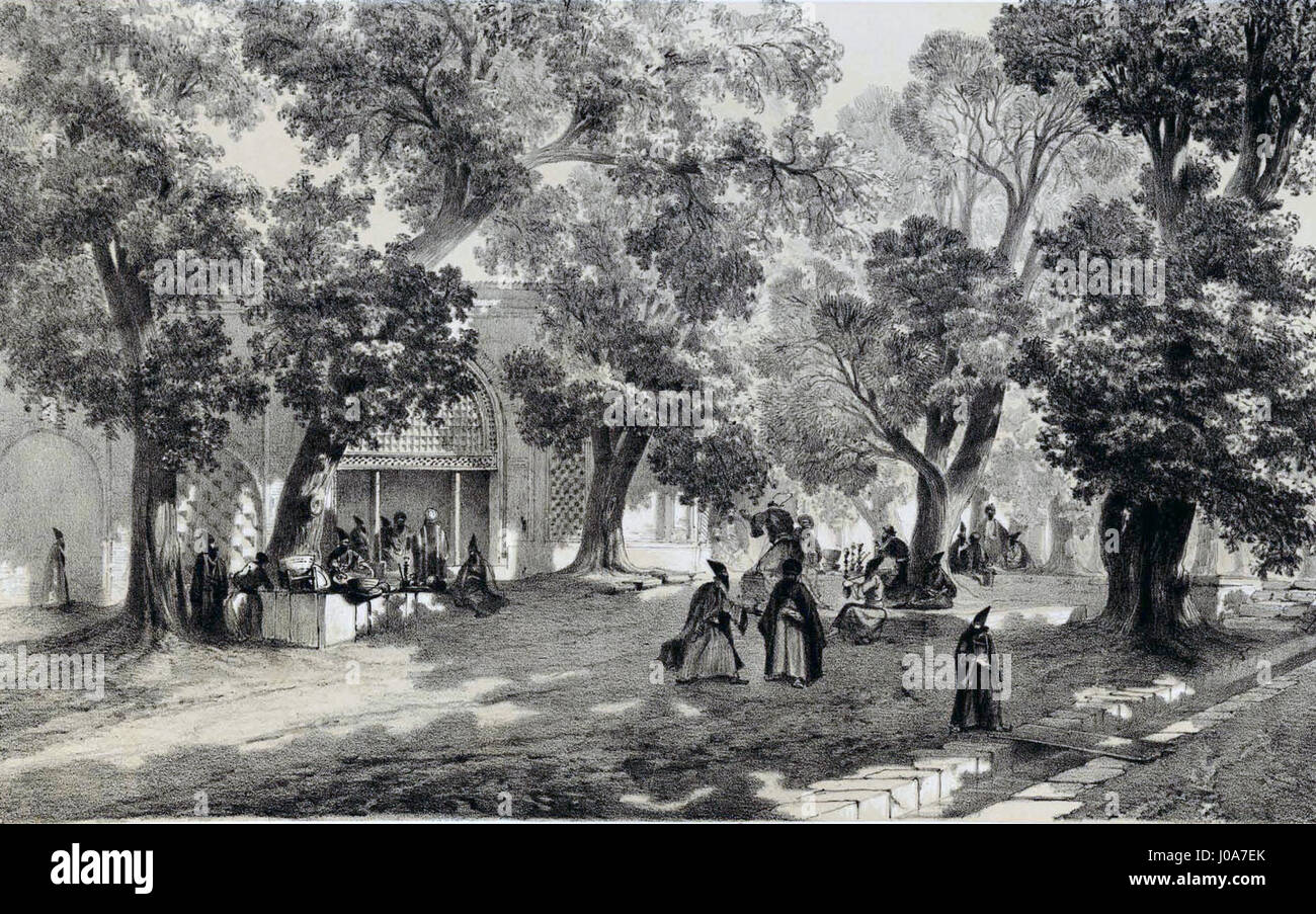 "Char Bagh Isfahan" di Eugène Flandin cattura lo storico giardino persiano di Char Bagh a Isfahan, Iran. Il dipinto mostra il design simmetrico e le caratteristiche dell'acqua tipiche dei giardini persiani, simboleggiando il paradiso sulla terra. Foto Stock "Char Bagh Isfahan" di Eugène Flandin cattura lo storico giardino persiano di Char Bagh a Isfahan, Iran. Il dipinto mostra il design simmetrico e le caratteristiche dell'acqua tipiche dei giardini persiani, simboleggiando il paradiso sulla terra. Foto Stock
