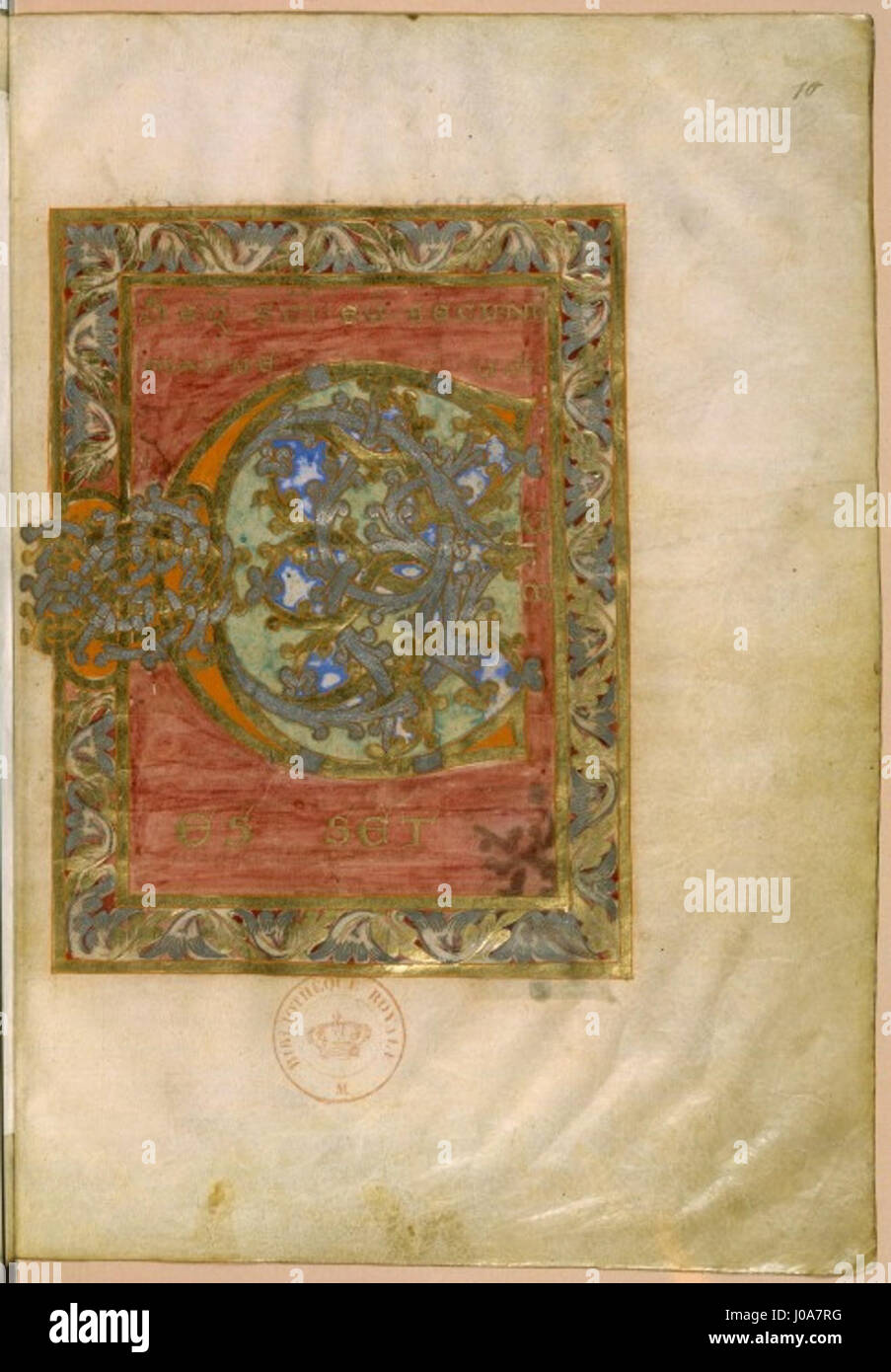 L'Évangéliaire de Poussay presenta una pagina di manoscritti illuminata con una dettagliata "C" iniziale, che mostra l'arte dell'illuminazione medievale dei manoscritti in latino dalla regione di Poussay. Foto Stock