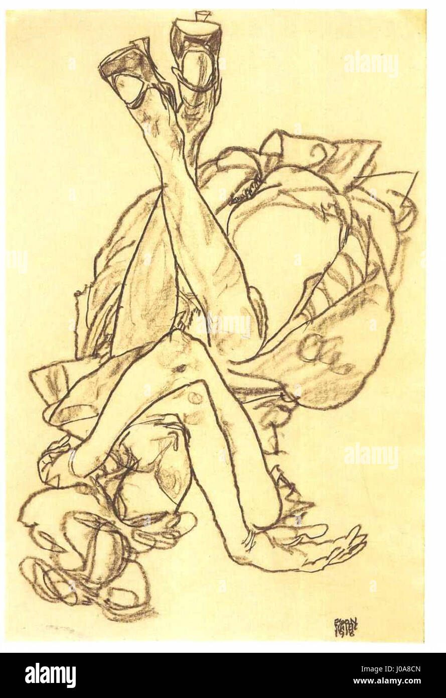 Schiele - Am Rücken liegendes Mädchen mit überkreuzten Armen und Beinen - 1918 Foto Stock