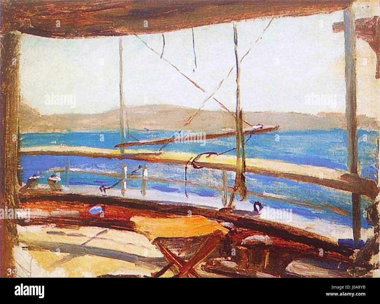 "NA pokładzie" (a bordo) di Jan Ciągliński ritrae una scena marittima, incentrata probabilmente sulla vita dei marinai o dell'equipaggio di una nave. L'opera fa parte dell'esplorazione dell'artista della vita in mare e della connessione umana con l'imbarcazione. Foto Stock