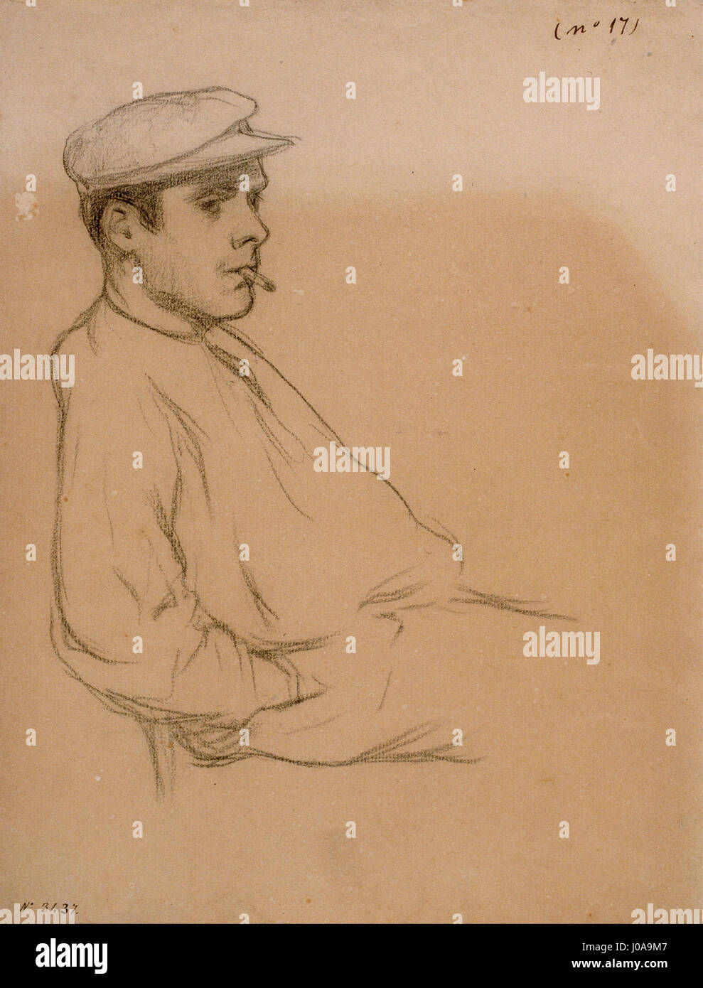 Il "Ritratto di un uomo" di Santiago Rusiñol è un ritratto psicologico che riflette l'attenzione dell'artista nel catturare la vita interiore dei suoi soggetti. La composizione enfatizza l'espressione e il carattere dell'uomo attraverso lo stile modernista di Rusiñol. Foto Stock