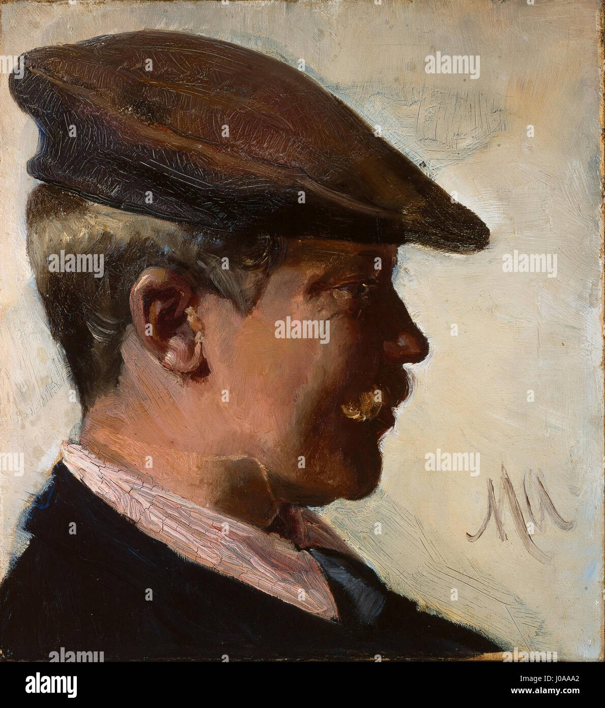 "Jacob Sømme" di Michael Ancher è un dipinto che raffigura una figura norvegese, forse un pescatore o un personaggio locale, che mostra lo stile caratteristico di Ancher focalizzato su ritratti realistici della vita quotidiana. Foto Stock