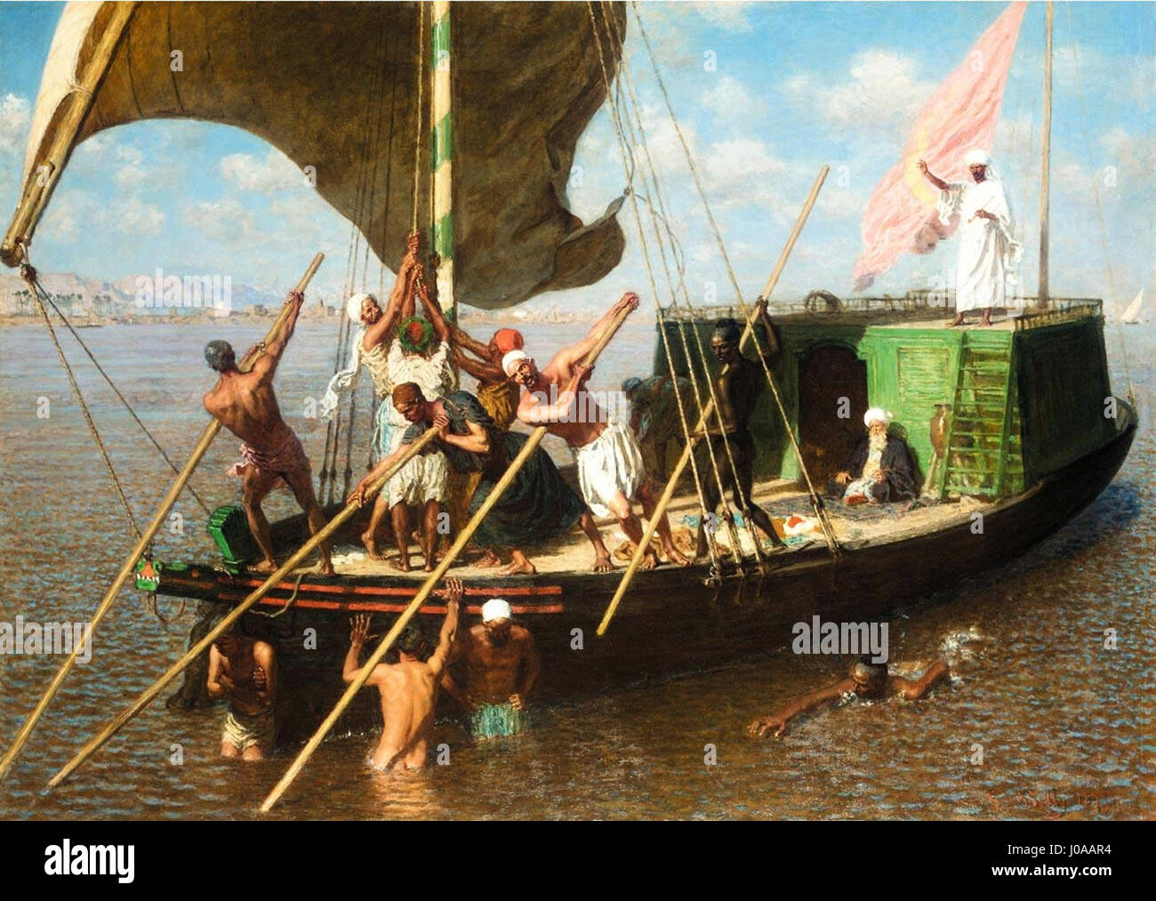"La dahabieh engravée, Égypte" di Léon Belly (1877) raffigura un battello fluviale del Nilo, noto come dahabieh, in Egitto. L'incisione mostra l'interesse di Belly per i paesaggi esotici dell'Egitto e la sua abilità nel catturare dettagli intricati. L'immagine riflette il fascino del XIX secolo per la cultura e la storia egizia, così come la visione romanticizzata dell'Egitto durante il periodo. Foto Stock