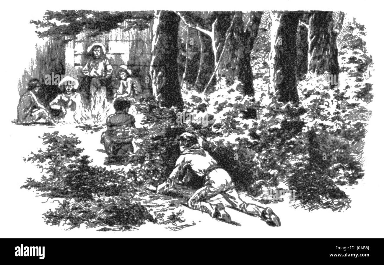Un disegno in bianco e nero di persone nel bosco, che illustra l'arte tradizionale polacca. Foto Stock