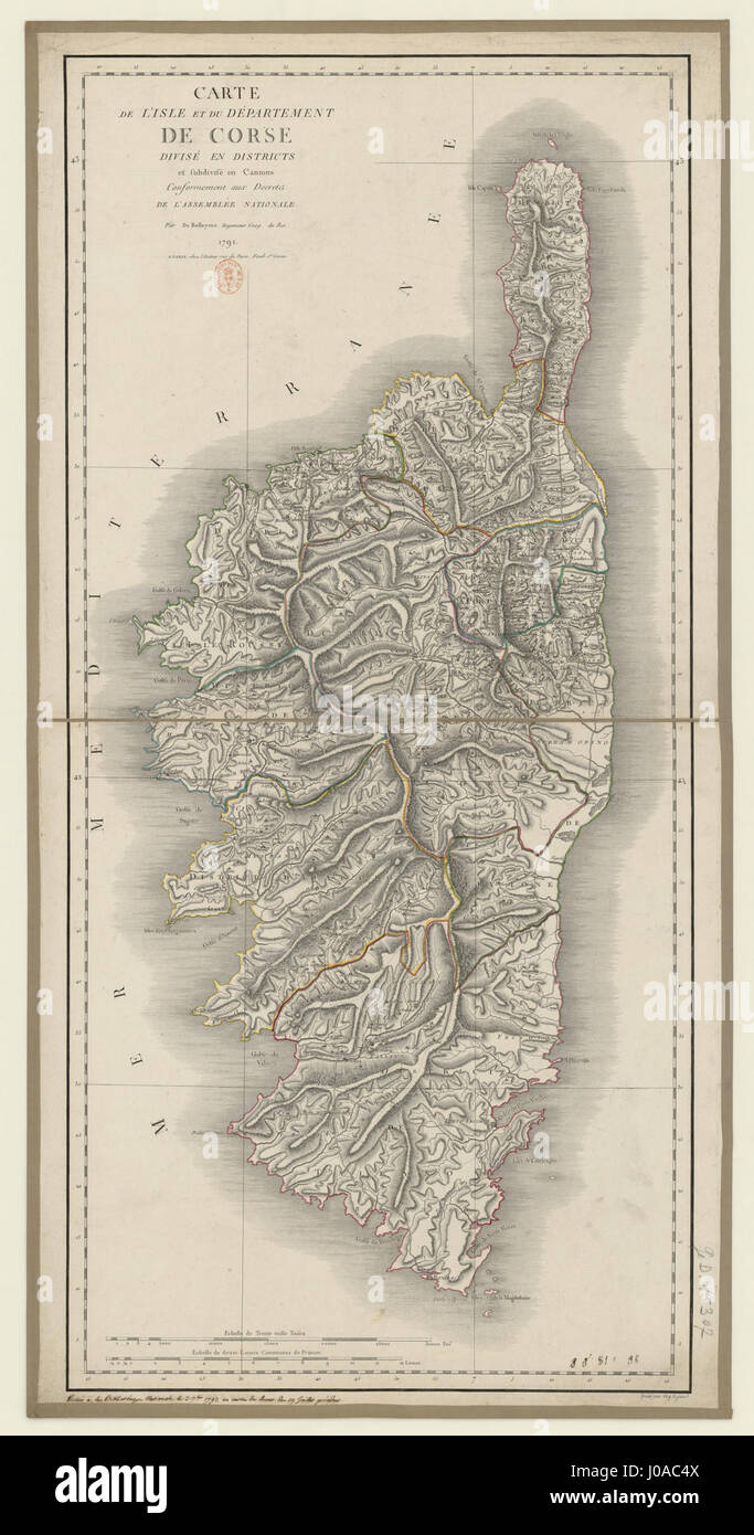 Questa mappa del 1791 mostra l'isola divisa in distretti e cantoni. Riflette le divisioni amministrative del periodo, fornendo preziose informazioni storiche sulla geografia e sulla struttura politica della Corsica. Foto Stock