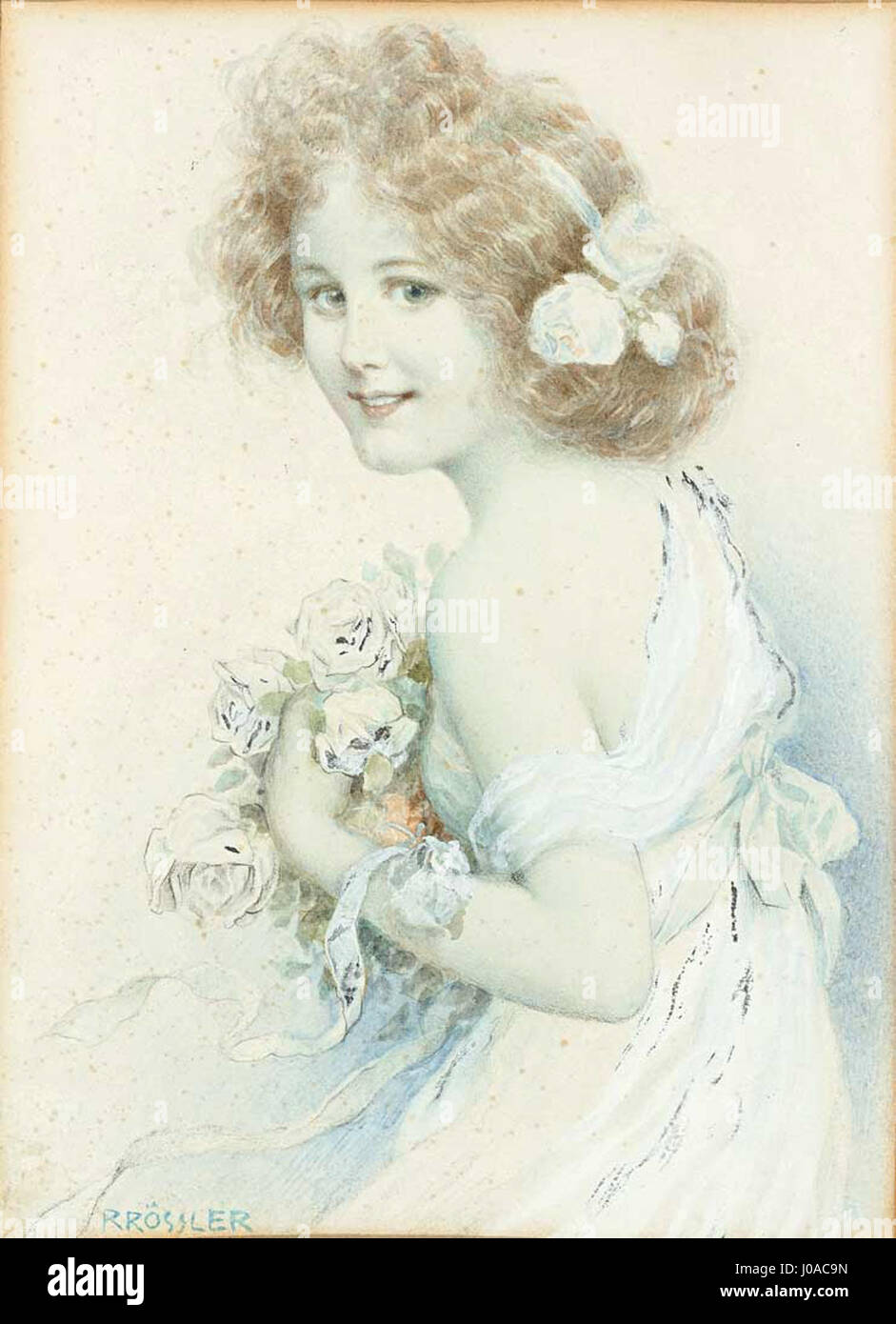 Rudolf Rössler Mädchenportrait mit Rosenstrauğ Foto Stock